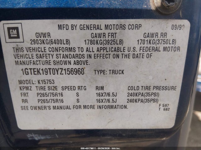 Aukcja sprzedaży 2000 Gmc Sierra 1500 Sle, vin: 1GTEK19T0YZ156968, numer aukcji: 45179611