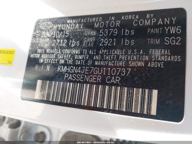 Продажа на аукционе авто 2016 Hyundai Genesis 3.8, vin: KMHGN4JE7GU110737, номер лота: 45179631