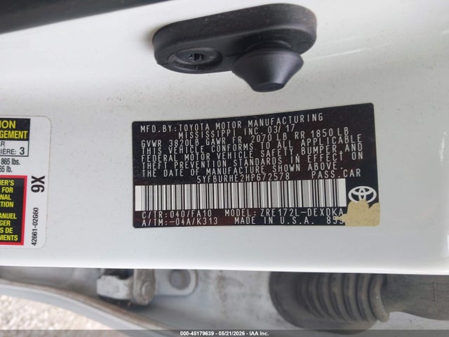 Aukcja sprzedaży 2017 Toyota Corolla L, vin: 5YFBURHE2HP672578, numer aukcji: 45179639