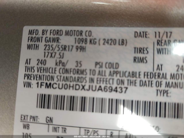 Aukcja sprzedaży 2018 Ford Escape Sel, vin: 1FMCU0HDXJUA69437, numer aukcji: 45179640