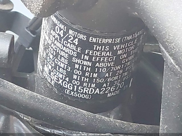 45179659 :رقم المزاد ، ML5EXGG15RDA22670 vin ، 2024 Kawasaki Ex500 مزاد بيع