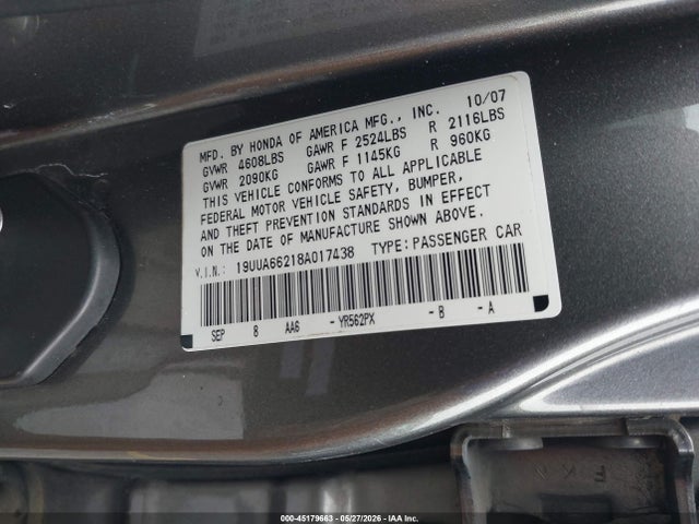 Aukcja sprzedaży 2008 Acura Tl 3.2, vin: 19UUA66218A017438, numer aukcji: 45179663