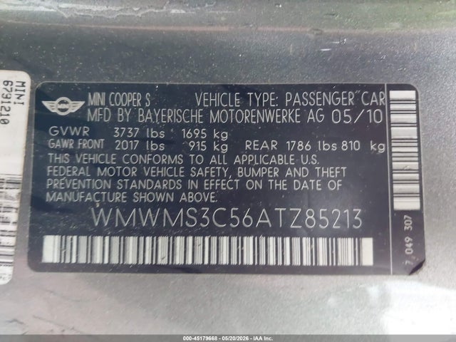 Aukcja sprzedaży 2010 Mini Cooper S, vin: WMWMS3C56ATZ85213, numer aukcji: 45179668