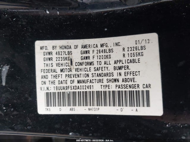 45179670 :رقم المزاد ، 19UUA9F5XDA002491 vin ، 2013 Acura Tl 3.7 مزاد بيع