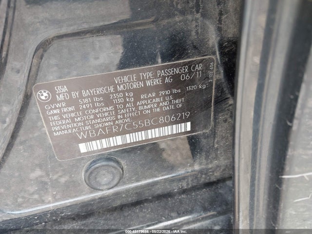 45179686 :رقم المزاد ، WBAFR7C55BC806219 vin ، 2011 Bmw 535i مزاد بيع