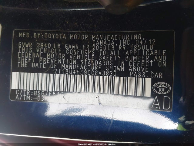 Продаж на аукціоні авто 2012 Toyota Corolla Le, vin: 2T1BU4EE9CC843830, номер лоту: 45179697