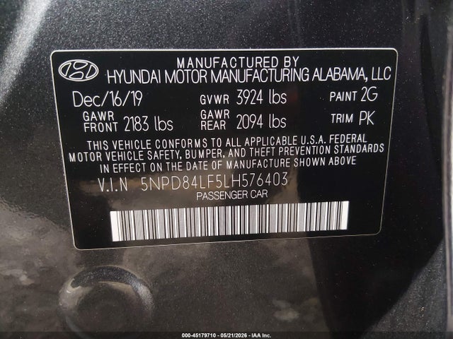 Продажа на аукционе авто 2020 Hyundai Elantra Sel, vin: 5NPD84LF5LH576403, номер лота: 45179710