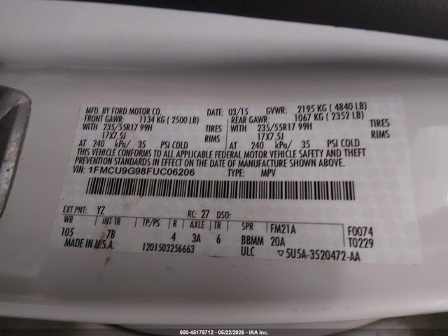 Продажа на аукционе авто 2015 Ford Escape Se, vin: 1FMCU9G98FUC06206, номер лота: 45179712