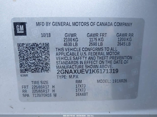 Продажа на аукционе авто 2019 Chevrolet Equinox Lt, vin: 2GNAXUEV1K6171319, номер лота: 45179720