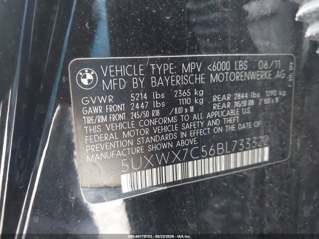2011 Bmw X3 Xdrive35i მანქანა იყიდება აუქციონზე, vin: 5UXWX7C56BL733322, აუქციონის ნომერი: 45179753