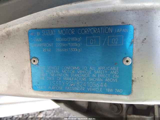 45179760 :رقم المزاد ، JS3TY92V824105644 vin ، 2002 Suzuki Xl-7 Limited/plus/standard/touring مزاد بيع