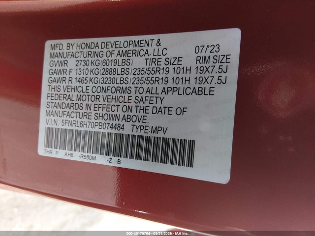 Продаж на аукціоні авто 2023 Honda Odyssey Sport, vin: 5FNRL6H70PB074484, номер лоту: 45179764