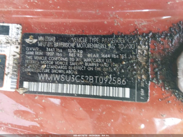 45179770 :رقم المزاد ، WMWSU3C52BT092586 vin ، 2011 Mini Cooper مزاد بيع