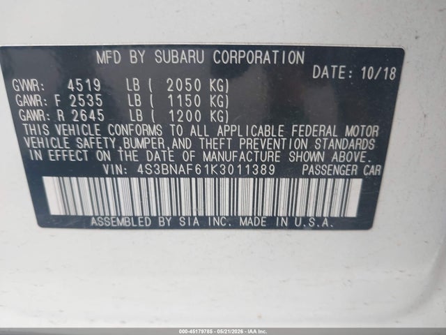 Aukcja sprzedaży 2019 Subaru Legacy 2.5i Premium, vin: 4S3BNAF61K3011389, numer aukcji: 45179785