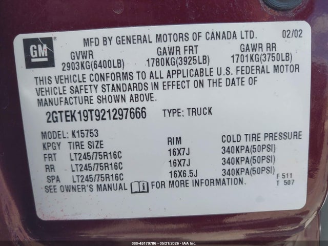 Aukcja sprzedaży 2002 Gmc Sierra 1500 Sle, vin: 2GTEK19T921297666, numer aukcji: 45179786