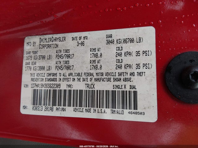 Aukcja sprzedaży 2006 Dodge Ram 1500 Slt, vin: 1D7HA18N36S622309, numer aukcji: 45179790