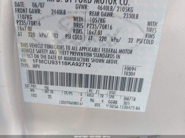 Aukcja sprzedaży 2008 Ford Escape Xlt, vin: 1FMCU93118KA92712, numer aukcji: 45179801