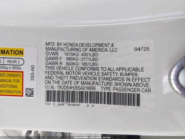 Aukcja sprzedaży 2025 Acura Integra, vin: 19UDE4H26SA016699, numer aukcji: 45179805