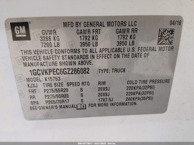 45179817 :رقم المزاد ، 1GCVKPEC6GZ286082 vin ، 2016 Chevrolet Silverado 1500 Custom مزاد بيع
