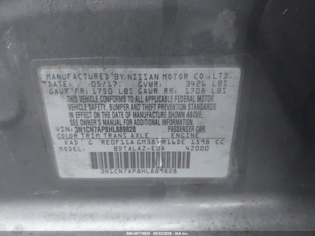 Aukcja sprzedaży 2017 Nissan Versa 1.6 S+, vin: 3N1CN7AP8HL889828, numer aukcji: 45179825