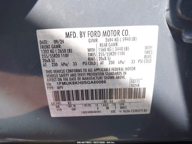 45179833 :رقم المزاد ، 1FMUK8KH0SGA60086 vin ، 2025 Ford Explorer St-line مزاد بيع