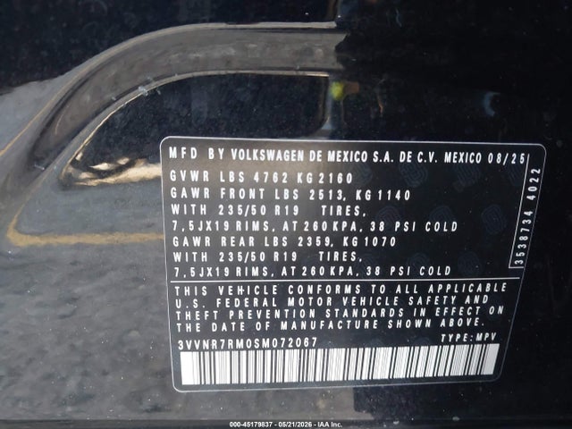 Aukcja sprzedaży 2025 Volkswagen Tiguan 2.0t Se, vin: 3VVNR7RM0SM072067, numer aukcji: 45179837