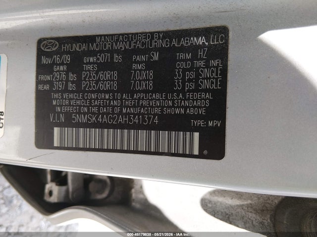 45179838 :رقم المزاد ، 5NMSK4AG2AH341374 vin ، 2010 Hyundai Santa Fe Limited V6 مزاد بيع
