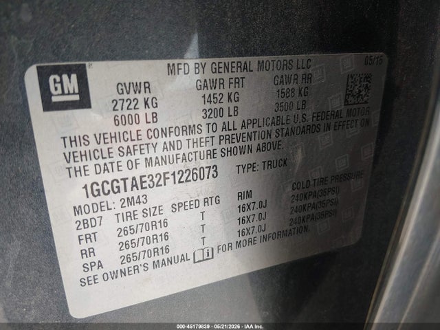 Chevrolet Colorado Wt 2015 1GCGTAE32F1226073 Image 9