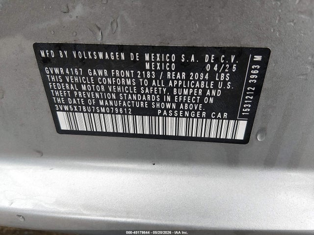 Aukcja sprzedaży 2025 Volkswagen Jetta 1.5t S, vin: 3VW5X7BU7SM079612, numer aukcji: 45179844