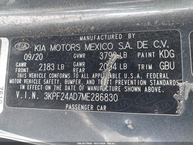 3KPF24AD7ME286830 KIA Forte Lxs