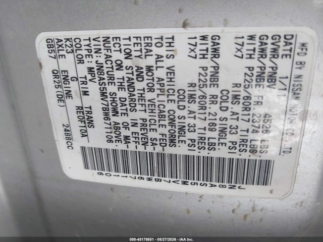 Продажа на аукционе авто 2011 Nissan Rogue Sv, vin: JN8AS5MV7BW671106, номер лота: 45179851