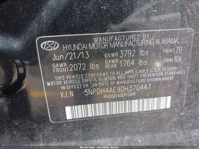 Aukcja sprzedaży 2013 Hyundai Elantra Gls, vin: 5NPDH4AE9DH370447, numer aukcji: 45179852