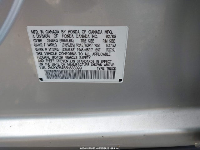 2008 Honda Ridgeline Rts მანქანა იყიდება აუქციონზე, vin: 2HJYK16458H533090, აუქციონის ნომერი: 45179855