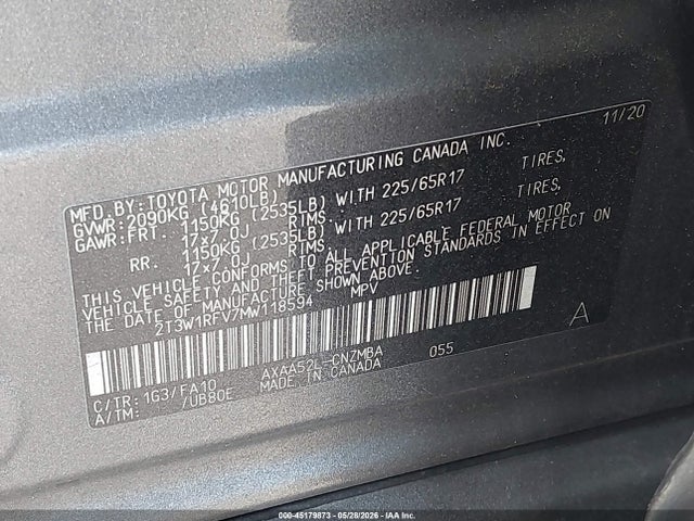 Продажа на аукционе авто 2021 Toyota Rav4 Xle, vin: 2T3W1RFV7MW118594, номер лота: 45179873