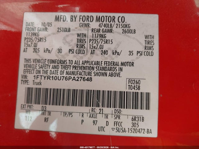 Aukcja sprzedaży 2006 Ford Ranger Sport/stx/xl/xlt, vin: 1FTYR10U76PA27648, numer aukcji: 45179877