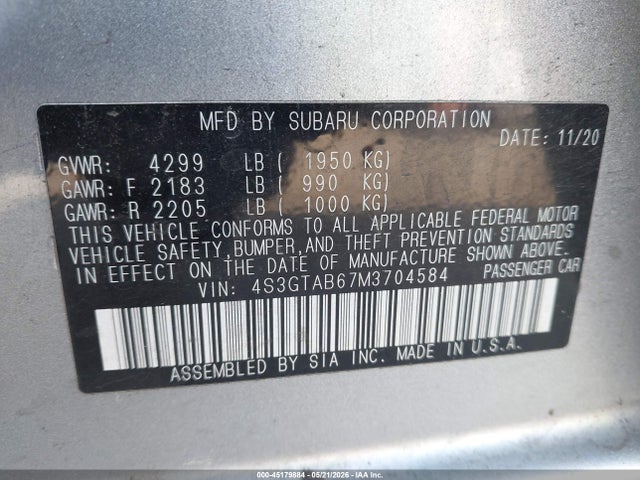 Aukcja sprzedaży 2021 Subaru Impreza 5-door, vin: 4S3GTAB67M3704584, numer aukcji: 45179884