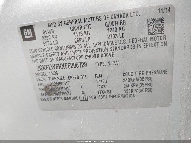 Auction sale of the 2015 Gmc Terrain Sle-2, vin: 2GKFLWEKXF6208728, lot number: 45179893