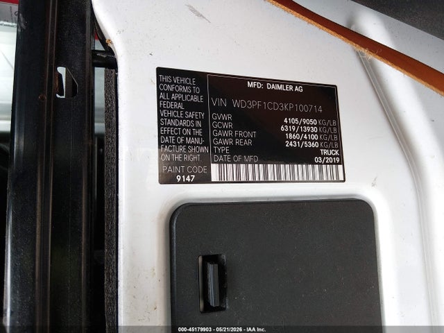 Aukcja sprzedaży 2019 Mercedes-benz Sprinter 2500 High Roof V6, vin: WD3PF1CD3KP100714, numer aukcji: 45179903