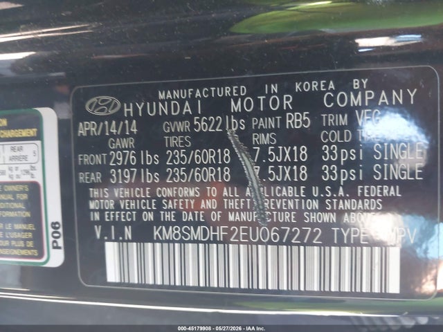 Aukcja sprzedaży 2014 Hyundai Santa Fe Gls, vin: KM8SMDHF2EU067272, numer aukcji: 45179908