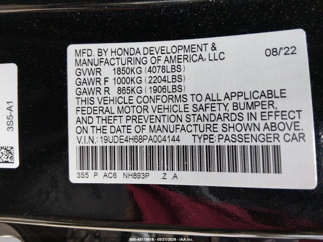 45179916 :رقم المزاد ، 19UDE4H68PA004144 vin ، 2023 Acura Integra A-spec Technology مزاد بيع