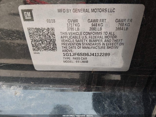 45179921 :رقم المزاد ، 1G1JF6SB6J4112289 vin ، 2018 Chevrolet Sonic Premier Auto مزاد بيع