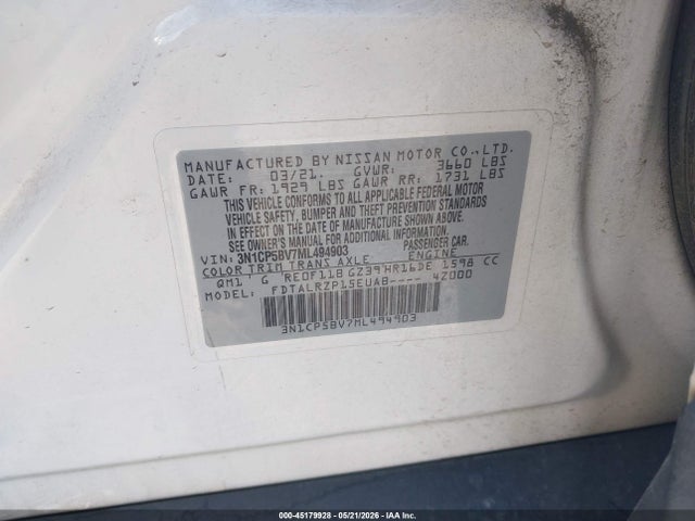 45179928 :رقم المزاد ، 3N1CP5BV7ML494903 vin ، 2021 Nissan Kicks S Xtronic Cvt مزاد بيع