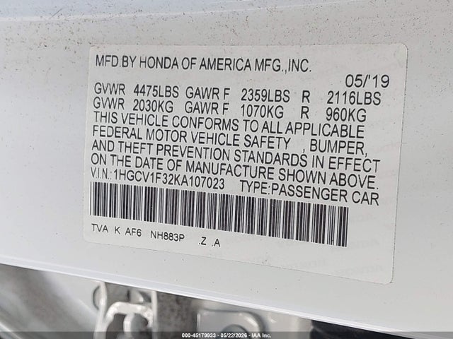 Продаж на аукціоні авто 2019 Honda Accord Sport, vin: 1HGCV1F32KA107023, номер лоту: 45179933