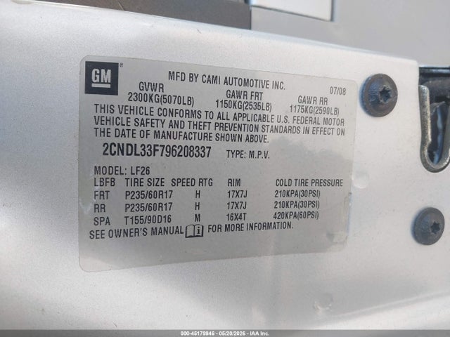 2009 Chevrolet Equinox Lt მანქანა იყიდება აუქციონზე, vin: 2CNDL33F796208337, აუქციონის ნომერი: 45179946