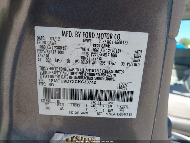 Продаж на аукціоні авто 2012 Ford Escape Xlt, vin: 1FMCU9D7XCKC33742, номер лоту: 45179972
