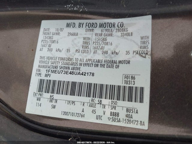 2008 Ford Explorer Xlt მანქანა იყიდება აუქციონზე, vin: 1FMEU73E48UA42178, აუქციონის ნომერი: 45179976
