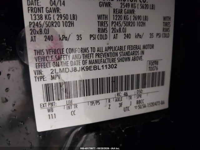 Продажа на аукционе авто 2014 Lincoln Mkx, vin: 2LMDJ8JK9EBL11302, номер лота: 45179977