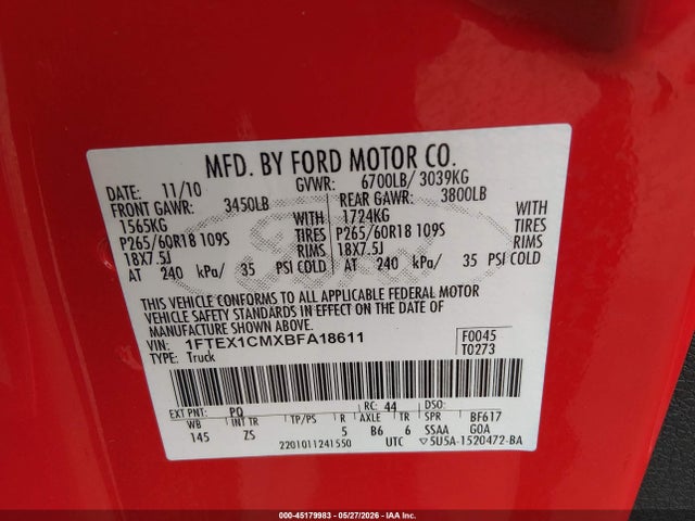 2011 Ford F-150 Xlt მანქანა იყიდება აუქციონზე, vin: 1FTEX1CMXBFA18611, აუქციონის ნომერი: 45179983