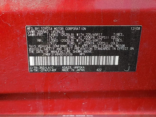 45179988 :رقم المزاد ، JTMBF31V89D010106 vin ، 2009 Toyota Rav4 Limited مزاد بيع