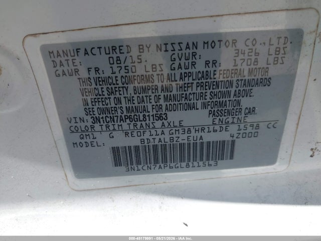 Aukcja sprzedaży 2016 Nissan Versa 1.6 S/1.6 S+/1.6 Sl/1.6 Sv, vin: 3N1CN7AP6GL811563, numer aukcji: 45179991